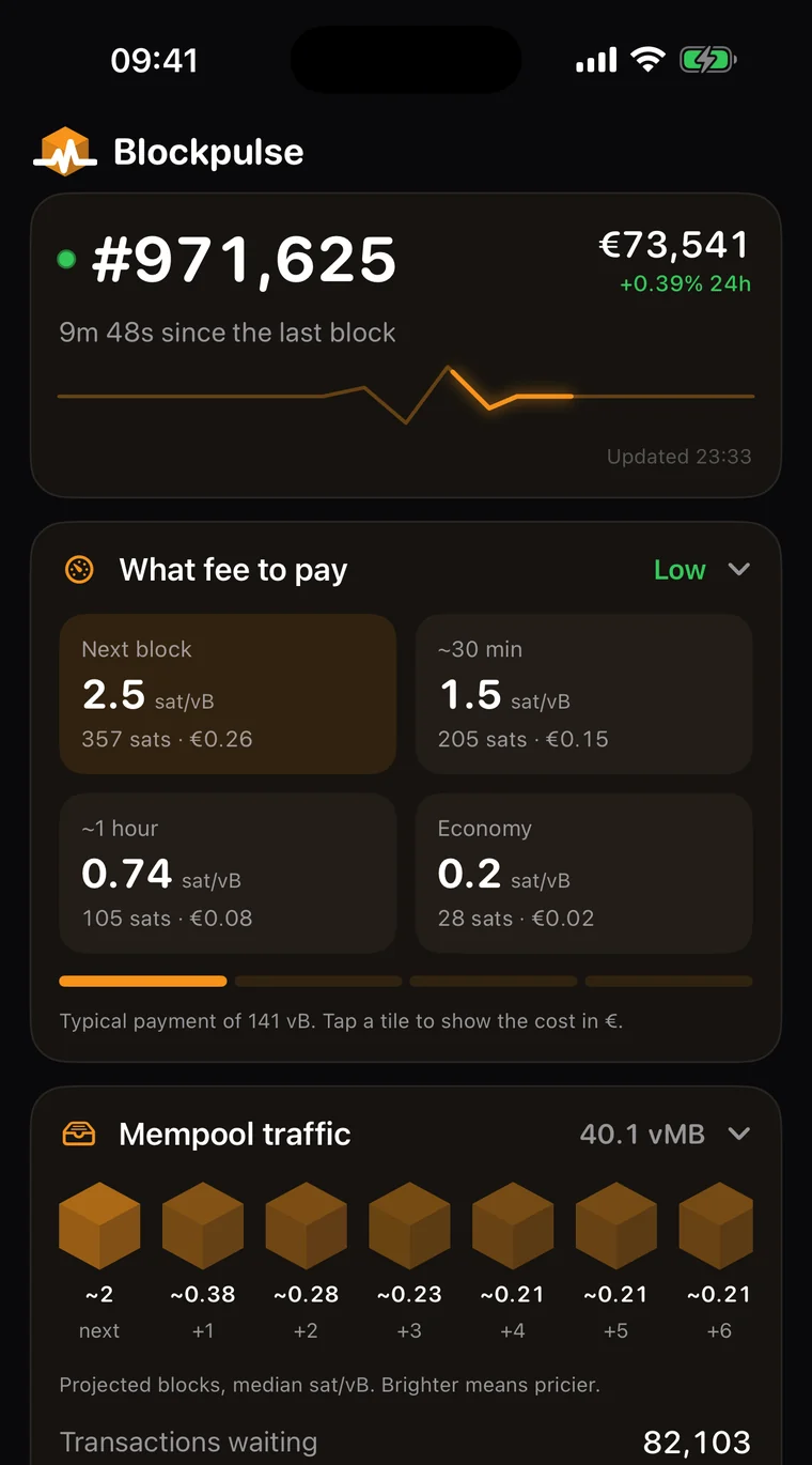The Blockpulse home screen with the latest block, fees and mempool