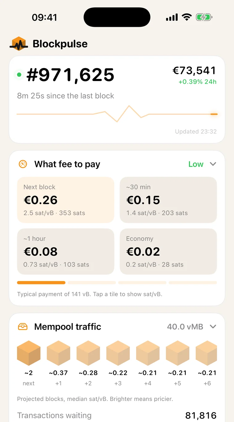 The Blockpulse home screen with the latest block, fees and mempool