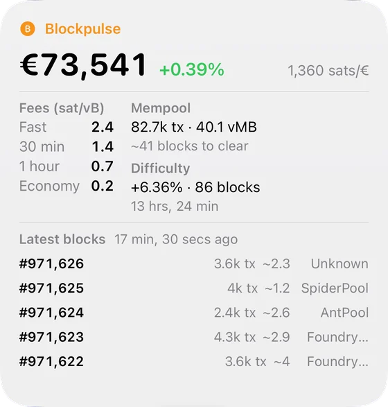 Large widget with price, fees, mempool, difficulty and the latest blocks